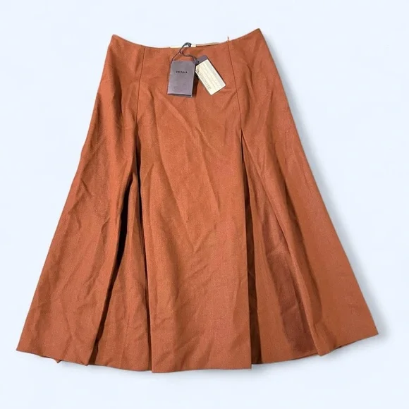 NWT Prada Brown Midi A-line Skirt Pleated Wool New Classic Designer Italy - Picture 1 of 8